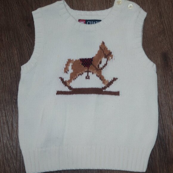 Infant Boys Chaps Sweet Cream Ivory Knit Rocking Horse Sweater Vest Holiday 18m - Picture 1 of 2